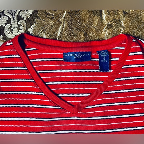 KAREN SCOTT SPORTS: red and white striped T-shirt, Size: Small - Picture 3 of 4